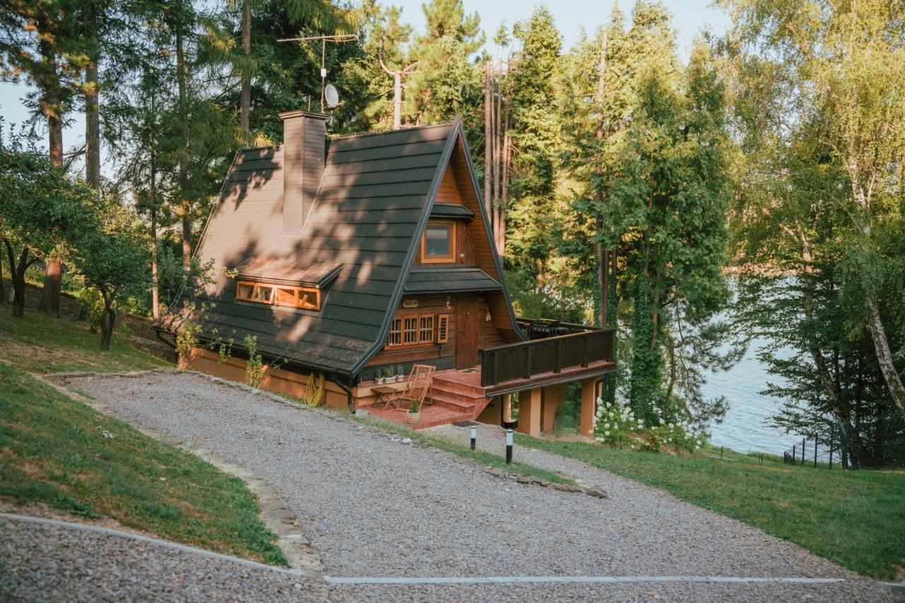 Drewniany dom z tarasem na zboczu, obok drzewa i jezioro